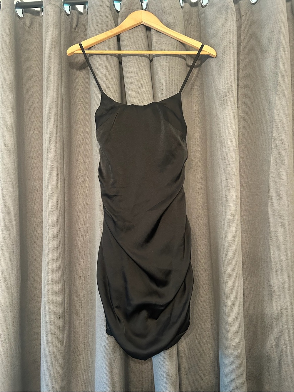 Satin Ruched Mini Dress with Spaghetti Straps - Black - Picture 2 of 3